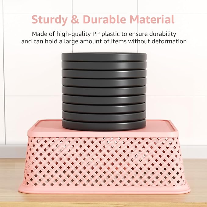 MaxGear 3 Pack Plastic Storage Baskets, Large, Pink | Durable Woven Plastic with Built-In Handles, Suitable for Shelves, Closets, Cabinets, Bathrooms and Offices - Image 2
