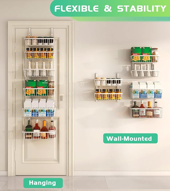 Mefirt 12 Inch Wide Narrow Over The Door Pantry Organizer 6-Tier White | Pantry Hanging Organizers and Storage, Adjustable Heavy-Duty Metal for Home & Kitchen, Back of Door Seasoning Rack - Image 3