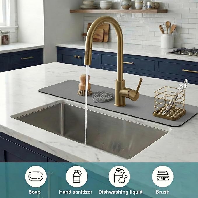 Customizable Kitchen Sink Faucet Mat: 24"Lx4"W Absorbent Splash Guard | Non-slip Fabric Rubber Mat, Cut to Fit Oval Rectangle Square Faucet & 2,3,4 Holes Irregular Sink with Soap Dispenser Air Gap - Image 8
