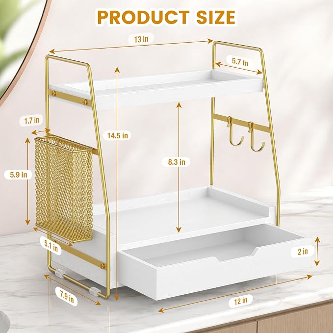 2-Tier Bathroom Counter Organizer with Drawer, Wood Counter Storage Shelf | Bathroom Vanity Organizer Countertop for Makeup, Skincare, Perfume, with Removable Basket, 13.4" x 7.9" x 14.5", White Gold - Image 2