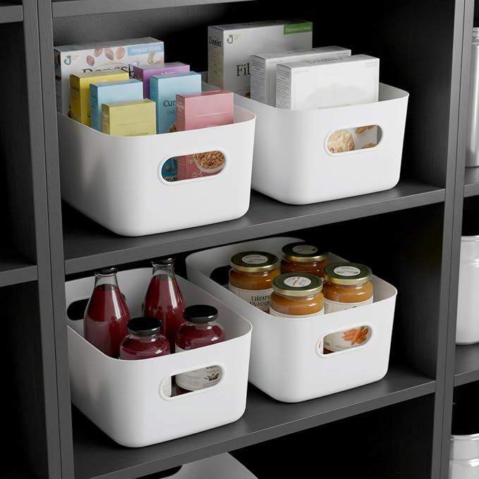 8 Pack White Plastic Storage Bins Multi-Use Small Organizer Bins Containers with Handles for Pantry, Cabinet, Under Sink, Kitchen, Bathroom & Office, 2 Sizes - Image 6