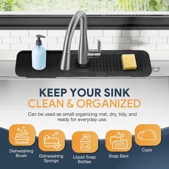 24” Silicone Faucet Mat For Kitchen Sink, Kitchen Sink Splash Guard Behind Faucet, Kitchen Faucet Mat For Kitchen Sink, Kitchen Sink Faucet Mat Splash Guard and Sink Water Splash Guard (Black) - Image 3