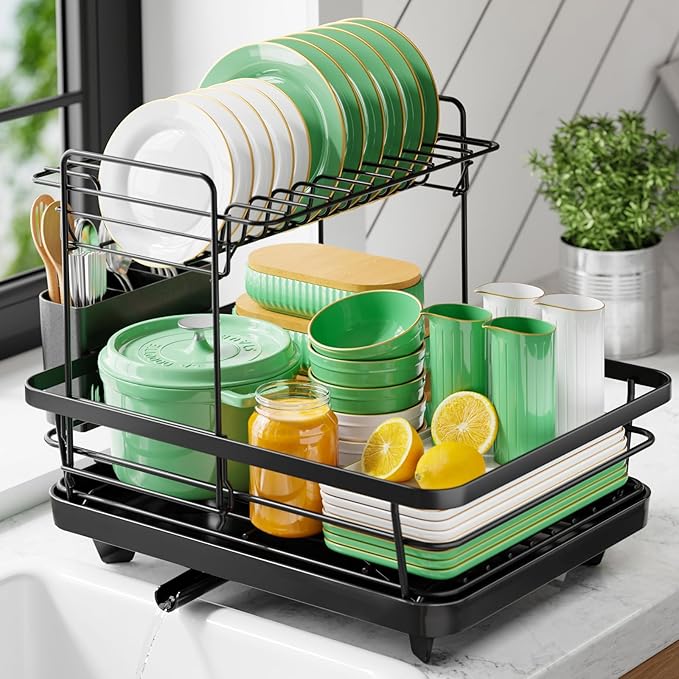 Kitsure Dish Drying Rack for Kitchen Counter, 12''W x 15.5''L, 2-Tiers | Stainless Steel Sink Organization, Cutlery Holder, Home and Appartment Decor Black by Kitsure
