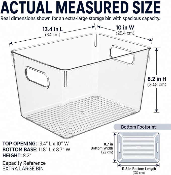 MOONEDGE 4 Pack Extra Large Clear Plastic Storage Bins 13x10x8in Organizers | 16QT Each, Pantry Organizers and Storage, Cabinet Storage, Bathroom, Closet, Under-Sink, Kitchen Shelves, Side Handles, Home - Image 3