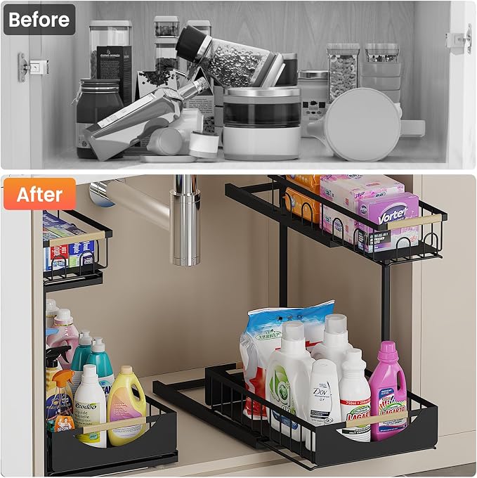 Under Sink Organizer and Storage for Bathroom and Kitchen - 2 Pack 2 Tier | Cabinet Pull Out Shelf Organizers - Slide Out Drawer Organization for Home Cabinets Shelves and Drawers - Image 2
