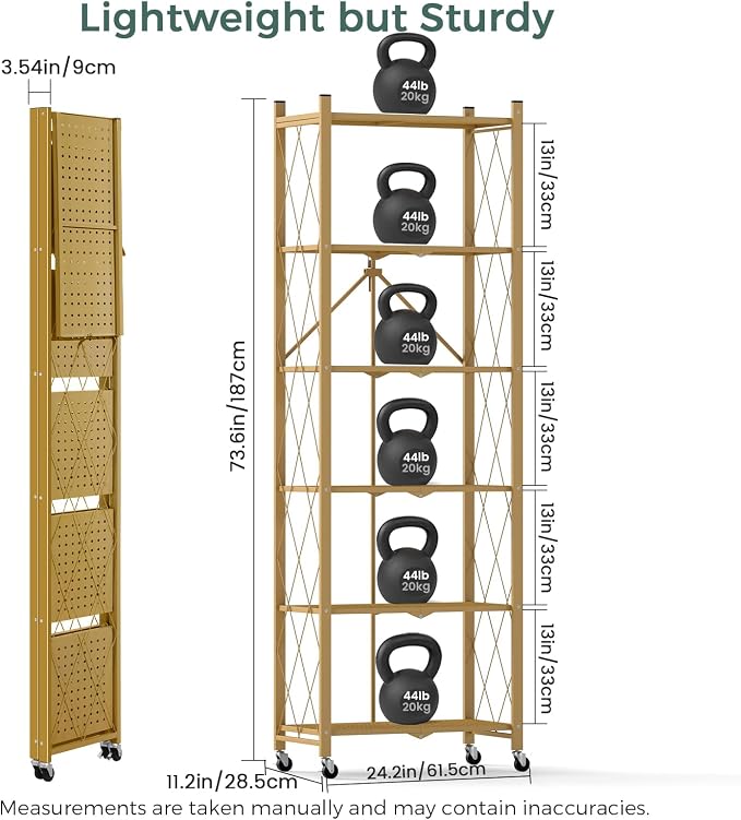 DEANIC 6-Shelf Folding Bookcase with Wheels, Heavy Duty Storage Shelves, Freestanding Metal Wire Shelving Unit for Living Room, Office, Kitchen, Basement, Pantry (Gold 2 Pack) - Image 2