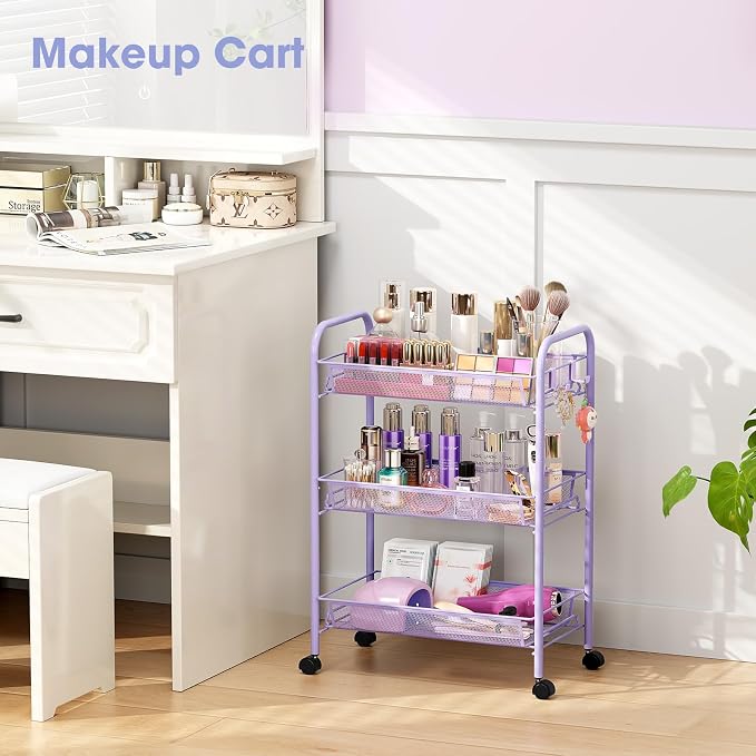 TOOLF 3 Tier Rolling Cart, Metal Utility Storage Cart with Wheels, Purple | 3 Hooks, Screwless Assembly, Trolley Organizer for Bathroom, Kitchen, Office, Nursery, Dorm, Laundry Room - Image 5