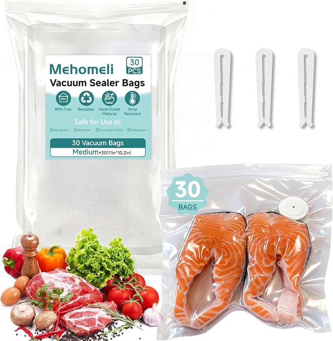Mehomeli Reusable Vacuum Sealer Bags, 30 Medium Bags, 11in × 10.2in | BPA-free, Freezer and microwave safe, Leak-proof and odor-resistant, Compatible with most handheld vacuum sealers by Mehomeli