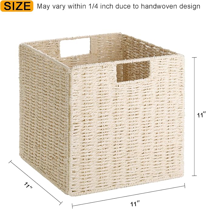 Wicker Storage Basket, Set of 2 Hand-Woven Paper Rope Storage Baskets, Foldable Cube Storage Organizer Bins, 11 Inch Wicker Storage Baskets for Shelves and Decor, Square Storage Basket, Beige - Image 2