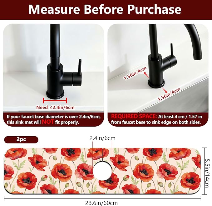 2 Pcs Kitchen Sink Splash Guard Faucet Mat Papaver Rhoeas Pattern Faucet Mat for Sinks Absorbing Drying Mats for Kitchen Bathroom - Image 2