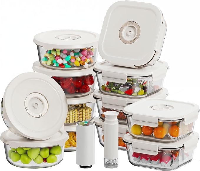 HOLDN’ STORAGE Food Storage Containers With Vacuum Sealing, Set of 12 | Glass Containers, Two Pumps, Keep Food Fresh Longer, BPA-Free Glass, Leak-Proof, Ideal for Meal Prep, Marinating by HOLDN%E2%80%99STORAGE