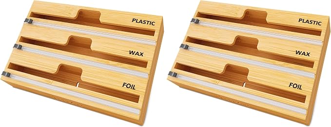 SpaceAid WrapNeat 3 in 1 Wrap Organizer with Cutter and Labels, Plastic Wrap, Aluminum Foil and Wax Bamboo Dispenser for Kitchen Storage Organization Holder for 12" Roll (Natural) (Pack of 2) by SpaceAid