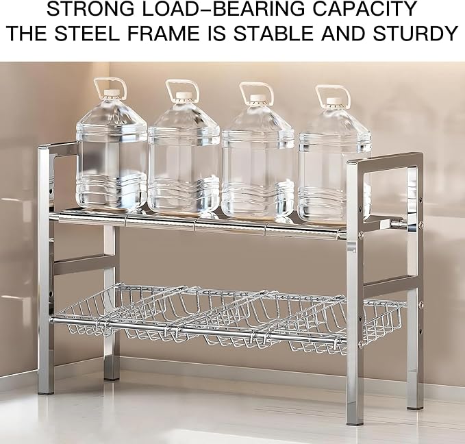 Large Under Sink Organizer 2 Tier Expandable Heavy Stainless Steel Shelf Adjustable Height for Under Kitchen Bathroom Sink Organizers and Storage (Large Size: 4 Panels 4 Storage Baskets) - Image 7