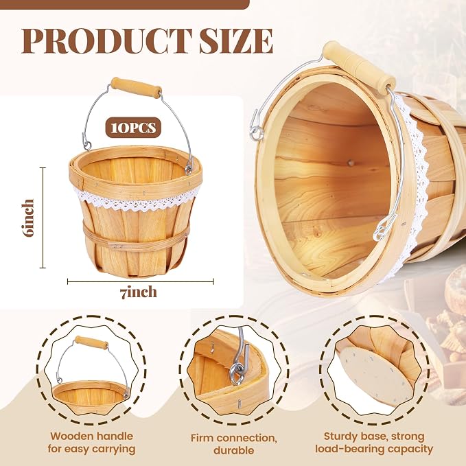 Wooden Baskets 7" x 6", 10 Pack Natural Apple Harvest Baskets | Round Handled Baskets Hold Produce, Flowers, Easter Eggs Or Favors for Farms, Markets, Weddings, Parties and Decor - Image 3