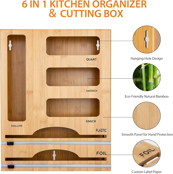 Storage Bag Organizer with Foil and Plastic Wrap Organizer , Aluminum Foil Dispenser with Cutter, Bamboo 6 in 1 Baggie Organizer Suitable for Gallon, Quart, Sandwich, Snack - Image 3