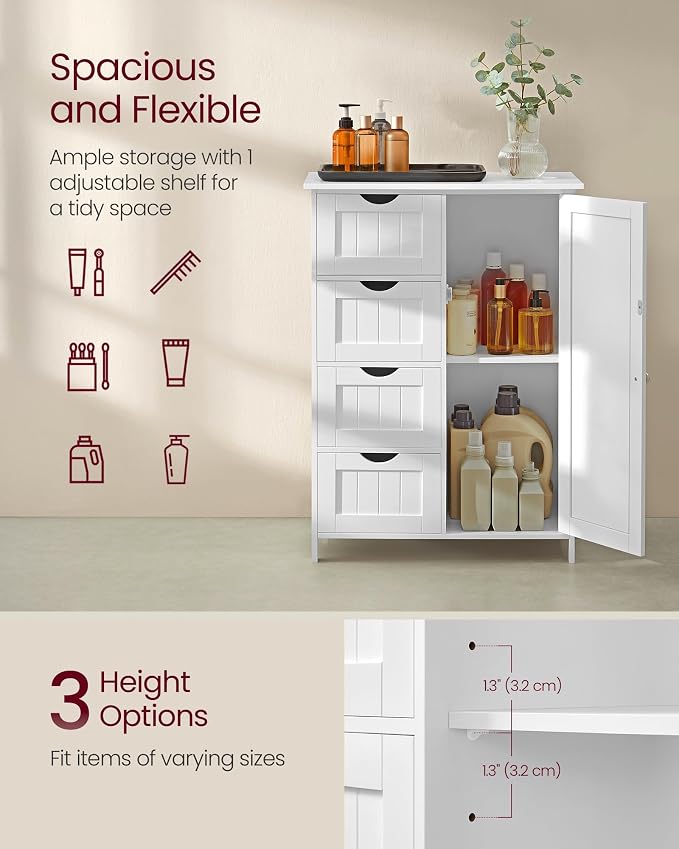 VASAGLE Storage Cabinet with Drawers, Freestanding Floor Cabinet with Door, 11.8 x 21.7 x 32.3 Inches, Adjustable Shelf, for Bathroom, Living Room, Kitchen, Cloud White ULHC041WH01S - Image 4