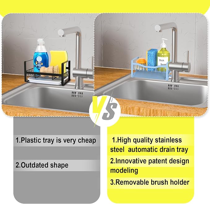 Stainless Steel Kitchen Sink Caddy Organizer with Auto Drain Tray, Sponge Holder for Countertop Storage - Image 4