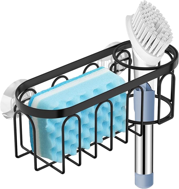 2-in-1 Sponge Holder for Kitchen Sink, Sink Caddy Kitchen Sink Organizer with 3 Suction Cups, No Drill Rustproof Sink Sponge Holder for Dish Brush, Soap & Sponge (Black) by Yazoni