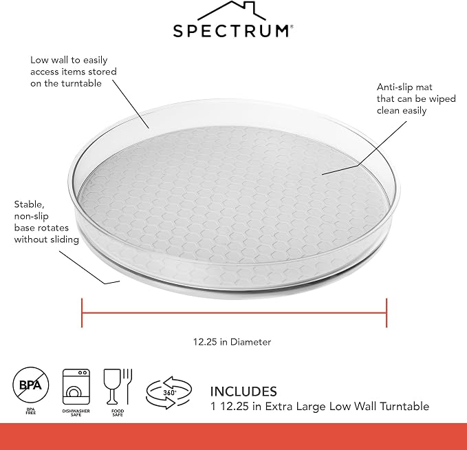 Spectrum XL Lazy Susan Organizer 12.25 in for Large Cabinet Fridge Pantry Table Shelf Bath Kitchen Organization, Oyster Gray Extra Large Rotating Turntable Storage for Condiments Spice Bottles - Image 4