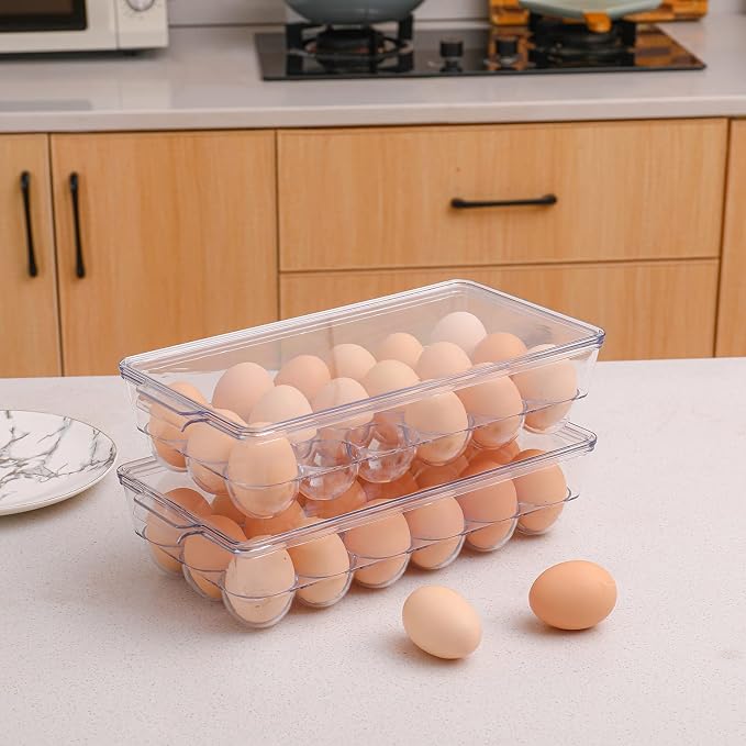 Sooyee 2 Pack Egg Holder for Refrigerator, Plastic Egg Storage Container, Fridge Egg Organizer, Clear Refrigerator Organizer Bins with Lids, Stackable Tray Holds 18 Eggs - Image 3