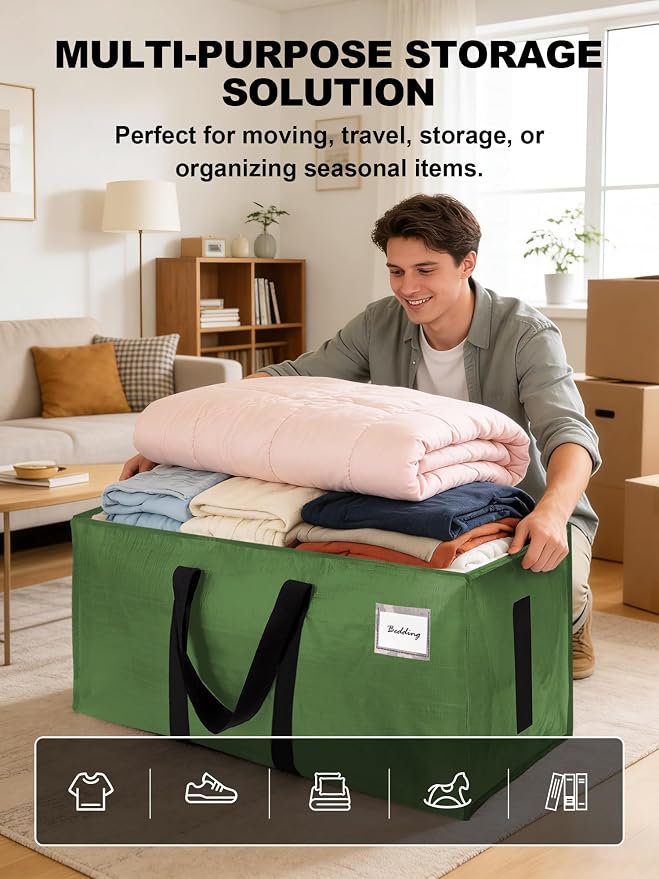 HOMESURE Supports 200lbs Heavy Duty Moving Bags - Strong Zipper & Wrap-Around Handles - Water-Resistant Storage Totes, Durable Alternative to Moving Boxes - 12 Pack - Olive Green - Image 4