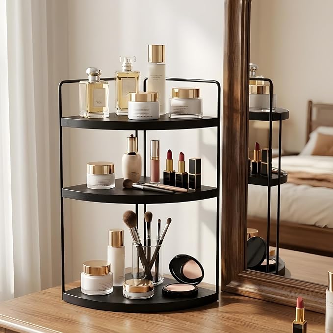 Corner Bathroom Counter Organizer Countertop Black, 3-Tier Corner Shelf Wood Vanity Tray Easy Assembly Space Saving Shelf for Kitchen, Bathroom, Dresser, Makeup, Office - Image 7