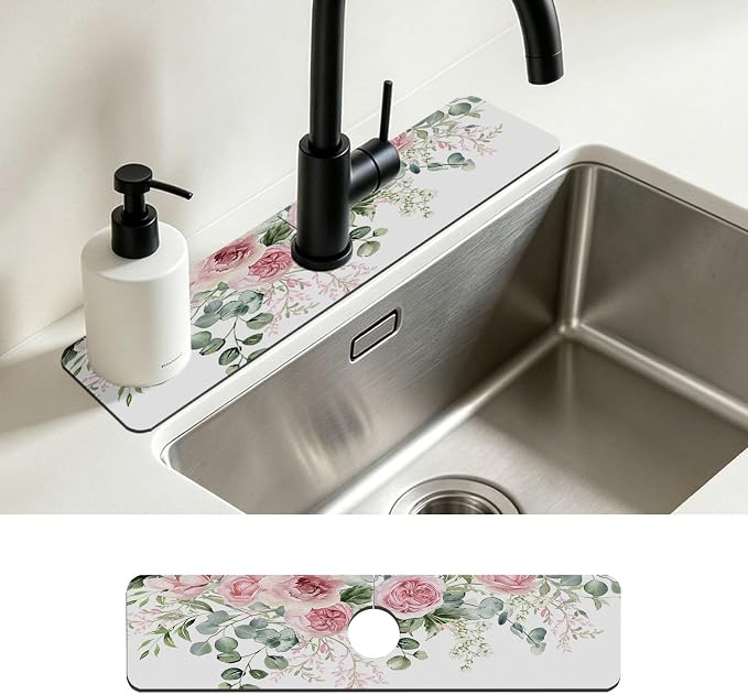 Faucet Mat for Kitchen Sink Watercolor Floral Pink Flowers Sink Splash Guard Behind Faucet Soft Diatom Mud Material Non-slip Easy to Clean for Bathroom & Kitchen 24"X5.5" by Unknown