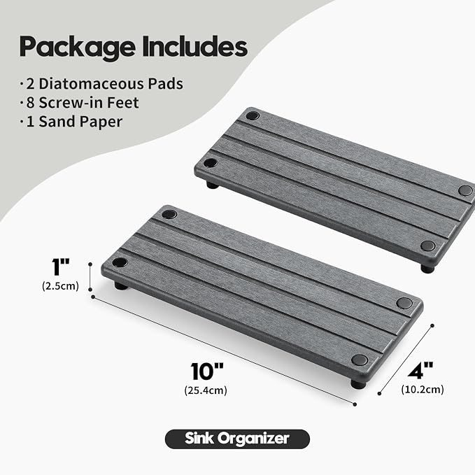 2 Pack Fast Drying Water Absorbing Diatomite Stone Mat Tray for Kitchen & Bathroom Counter - Instant Dry Sink Caddy Organizer - Vanity Holder for Soap and Sponge – Charcoal 10" x 4" - Image 2
