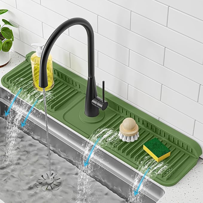 PoYang 24 Inch Faucet Mat for Kitchen Sink Splash Guard, Avocado Green | Sink Protectors with 7° Slope for Smooth Drainage, Snap Button Holds It in Place, 90° Foldable & Cuttable Hole Fit Most Sinks by PoYang