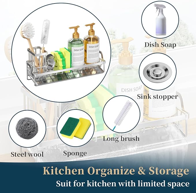 Consumest Sponge Holder for Kitchen Sink - Sink Caddy with Stainless Steel Self Drain Tray, Sink Organizer with High Brush Holder Countertop for Kitchen Sink Accessories, Silver-Extra Large - Image 7