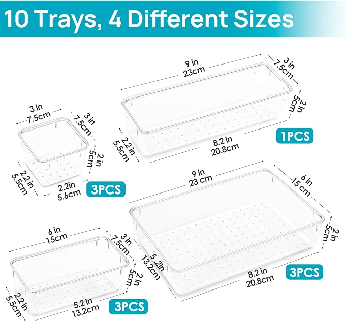 Vtopmart 10 Pack Clear Drawer Organizer Bins, 4 Sizes Makeup Storage Trays | Makeup & Vanity Storage Organizers for Drawers, Bathroom, Office and Daily Essentials, Clear Acrylic Bins Keep Items Sorted - Image 6