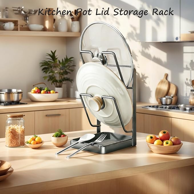 Kitchen Pot Lid Storage Rack, Pot Lid Holder While Cooking for Countertop | Stainless Steel Pot Lid Rack, Kitchen Countertop Organizer Removable Drip Tray, Lid Cutting Board Ladle Storage for Stove Top - Image 2