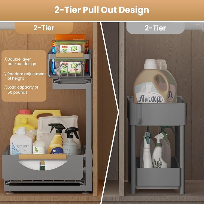 Under Sink Organizer and Storage for Bathroom and Kitchen - 2 Pack 2 Tier | Cabinet Pull Out Shelf Organizers - Slide Out Drawer Organization for Home Cabinets Shelves and Drawers - Image 3