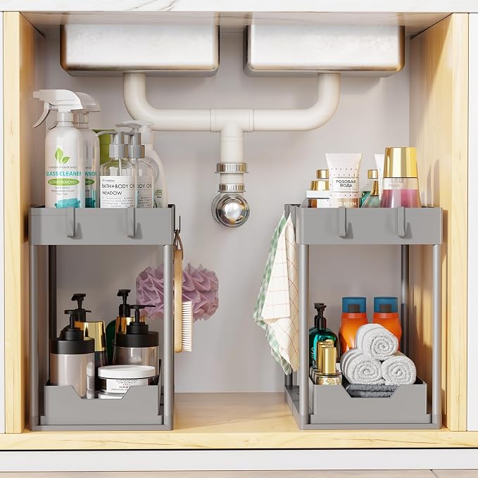 Simple Trending Under Sink Organizer 2 Pack, with Sliding Drawer, Grey | 2-Tier Multi-Use Under Shelf Organizer with Hooks, Sink Pull-Out Sliding Storage Cabinet for Kitchen Bathroom, Easy Assembly - Image 7