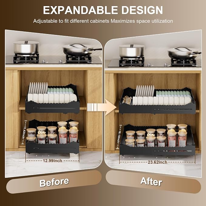 Pull Out Drawers for Cabinets, Expandable Pull Out Cabinet Organizer 11-18" Width,13-24" Depth, Roll out Shelves for Cabinets Without Lip, No Drill Adjustable Slide out Drawers for Kitchen & Pantry - Image 3