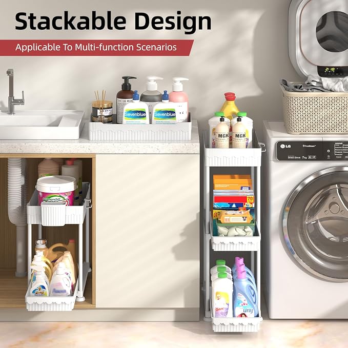 4-Pack 2-Tier Under Sink Organizer with Pull Out Drawers | Multi-use kitchen & bathroom storage. Includes hanging hooks and cups. White, space-saving cabinet design. 14.8 Inch - Image 8