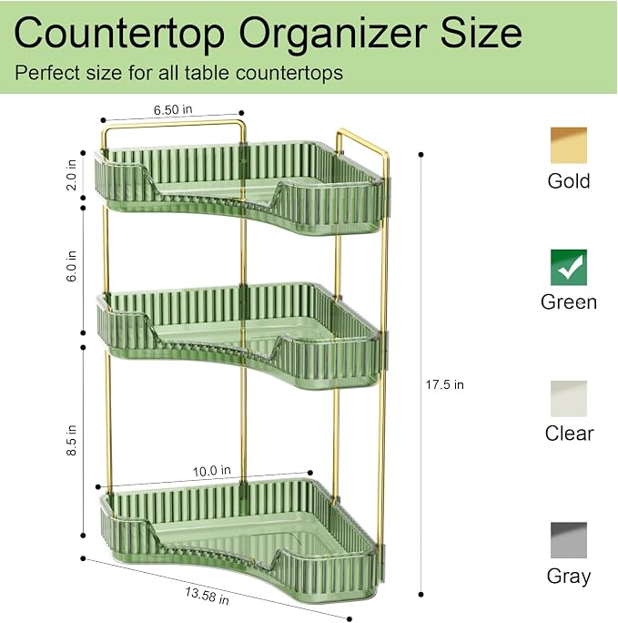 GTI 3-Tier Corner Bathroom Counter Organizer, Large Capacity Makeup Organizer Countertop, Perfume Cosmetics Skincare Vanity Organizers, Exquisite Countertop Storage for Women (Green) - Image 3