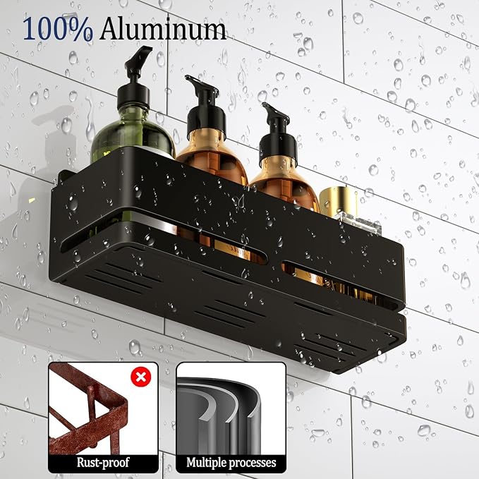 Bathroom Shower Caddy,No Drill Shower Shelves(5-piece Set-Black) | Wall-mounted shelf with soap dish and toothbrush holder, ideal for bathroom storage and also suitable for kitchen - Image 5