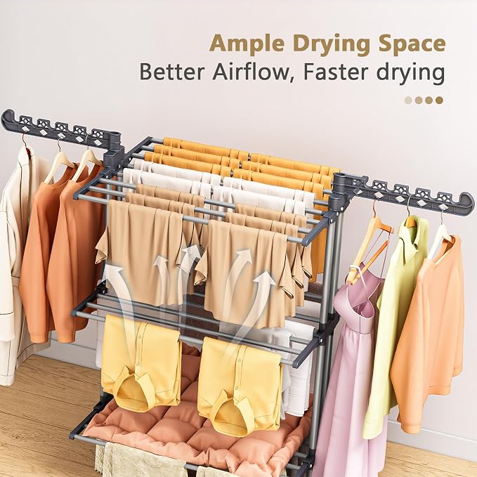 Upgraded 4-Tier Clothes Drying Rack, Drying Rack Clothing with Wheels | Large Foldable Laundry Drying Rack, Clothes Rack with Side Hooks for Indoor Outdoor Air Drying, 19.68"D x 29.9"W x 67.7"H - Image 9