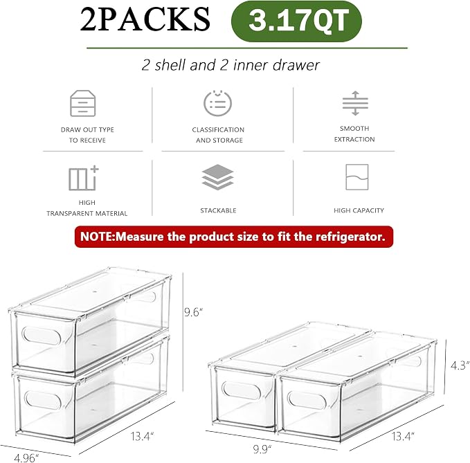 Refrigerator Organizers and Storage, 2 Pack BPA-Free Sturdy Stackable Clear Pull out Drawer Organizer Bins, Fridge Organizers and Storage for Fruit, Produce, Drink, Snack and Food Storage Containers - Image 2