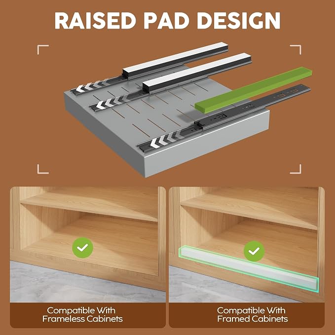 Seinloes 2 Pack Expandable Pull Out Cabinet Organizer 21"Deep With Raising Pad for Framed Cabinets,Upgrade 3 Slide Rails Slide Out Drawers,Roll Out Shelves Adhesive,Adjustable Width 15.15"-26.3"Silver - Image 3