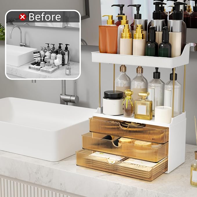 StorBin Arcylic 5-Tier Makeup & Skincare Organizer for Vanity, Bath, 2 Sets | Smooth 3 drawers, clear body, gold frame, non-slip, for perfumes, serums, face masks, palettes, vanity & bath counter,Amber - Image 4