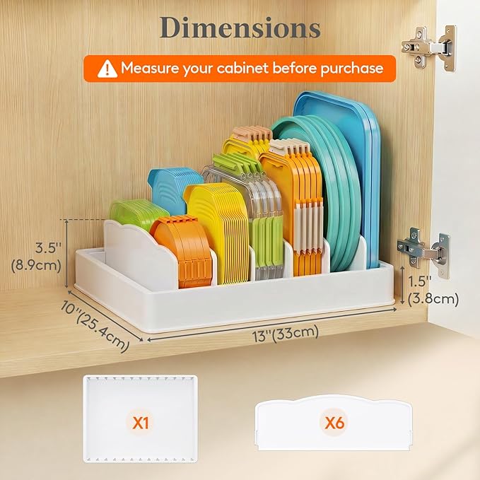Lifewit Kitchen Cabinet Organizer for Food Contanier Lid with 7 Sections | Lid Holder with 6 Adjustable Dividers for Pantry Organizers and Storage, Home Drawer Organization, White, Large, 13" x 10" - Image 3