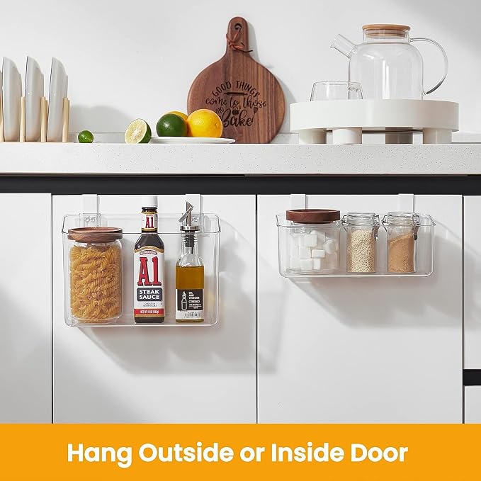 2 Pack Plastic Over Cabinet Door Organizer with Removable Hooks, Clear Hanging Baskets for Organizing Over the Cabinet Organizer Holder for Kitchen, Bathroom-Hang Outside or Inside Door-M - Image 2