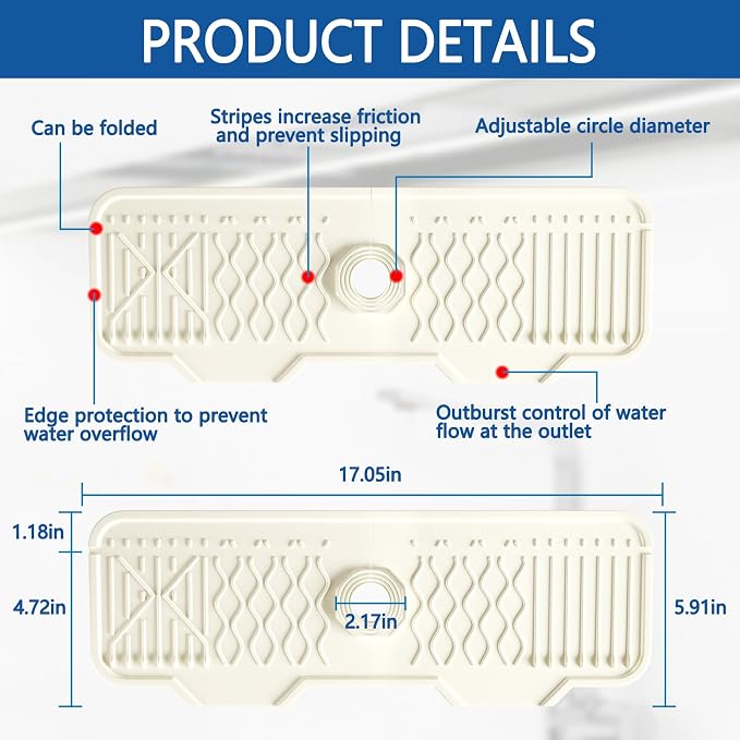 Silicone Sink Mat Splash Guard-17" x 6'' Sink Splash Guard,Kitchen Sink Accessories fit for Countertop, Bathroom,Farmhouse,RV by EBIGIC (Off-white) - Image 2