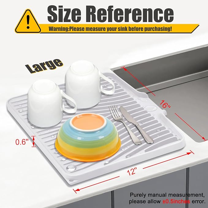 TIKNIK Silicone Dish Drying Mat for Kitchen Counter, White-1pcs, 16" x 12" | Heat Resistant & Non-Slip Dish Drain Pad with Built-In Drain, Dishwasher Safe, Quick-Dry, Hangable & Roll-Up for Storage - Image 2