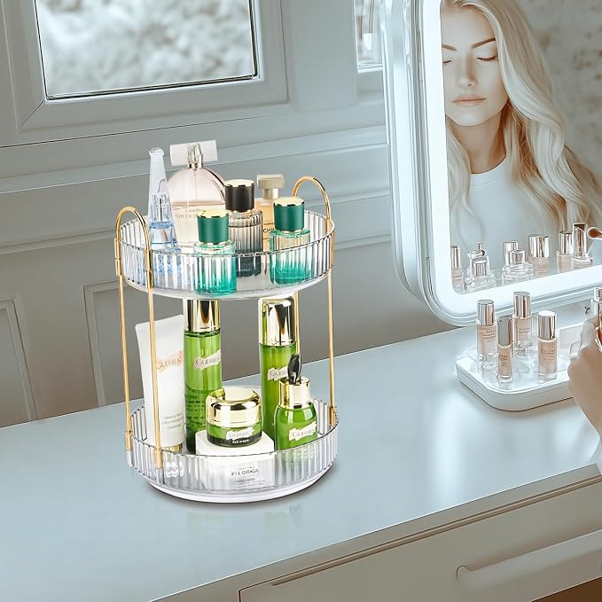 360 Rotating Makeup Organizer - Large Capacity Spinning Perfume & Cosmetic Skincare Holder for Countertop (Pearl White, 2 Tier) - Image 8