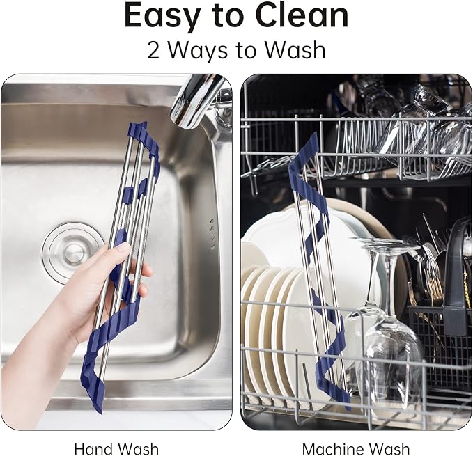 Tomorotec Triangle Roll-Up Dish Drying Rack for Sink Corner Small Foldable Stainless Steel Over The Sink Multipurpose Kitchen Drainer Caddy Organizer Storage Shelf Holder (Deep Blue) | BPA-Free Food-Grade Silicone Edges Foldable Waterproof Rustproof He... - Image 5