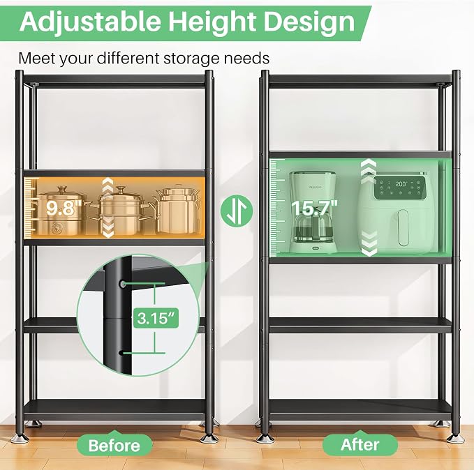 5 Tier Adjustable Storage Shelves, Heavy Duty Metal Storage Rack with Wheels, Shelving Units Utility Shelf for Kitchen, Pantry, Bathroom, Garage, Office Organization and Storage, Black, 13"x24"x59.7" - Image 4