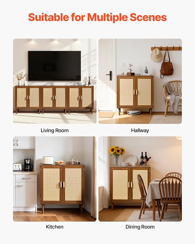 VEVOR Rattan Cabinet, Rattan Storage Cabinet with 2 Magnetic Doors and Adjustable Shelves, Accent Sideboard Buffet with Wooden Legs & Power Cord Hole for Hallway, Entryway, Living Room, Kitchen, Brown - Image 8